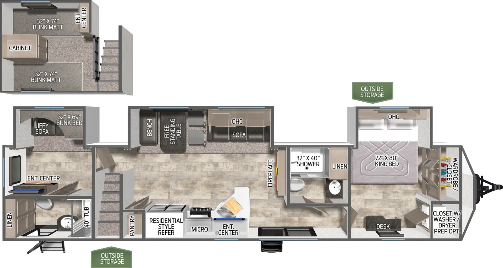 The Puma Destination 429LFT floorplan has two entries and three slide outs. Exterior features include: metal exterior and 21' awning. Interiors features include: bunk beds, loft, free-standing dinette option, front bedroom and two full bathrooms.